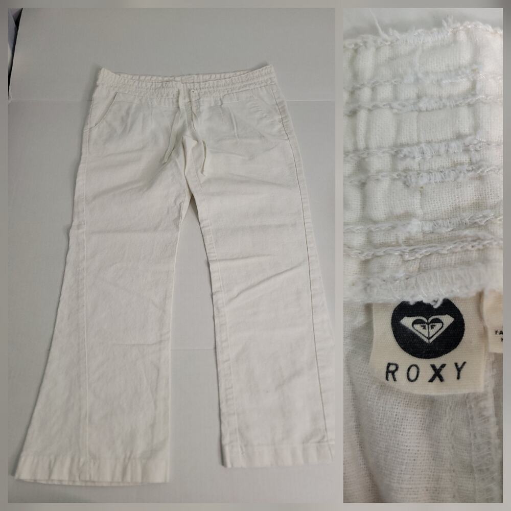 Roxy Linen Blend Pants Sz S Low Rise Straight Crop Drawstring Pockets Relaxed
